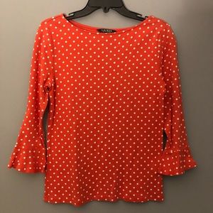 Lauren Ralph Lauren Large 3/4 Sleeve Orange White Polka Dot Shirt